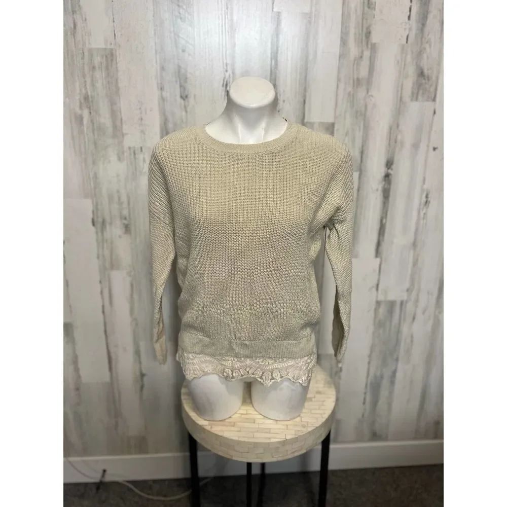 Pins and Needles XS Beige Knit Sweater Lace Hem Boho Cottagecore Long Sleeve Top